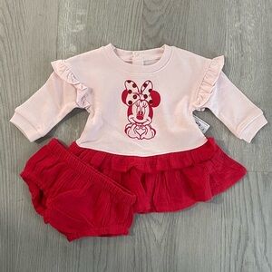 NEW Disney Parks Long Sleeve Minnie Mouse Pink & Red Dress w/ Diaper Cover 6-9mo